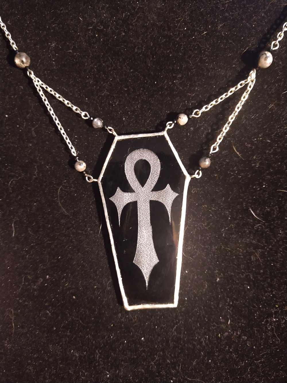 Black Stained Glass Coffin Ankh Necklace